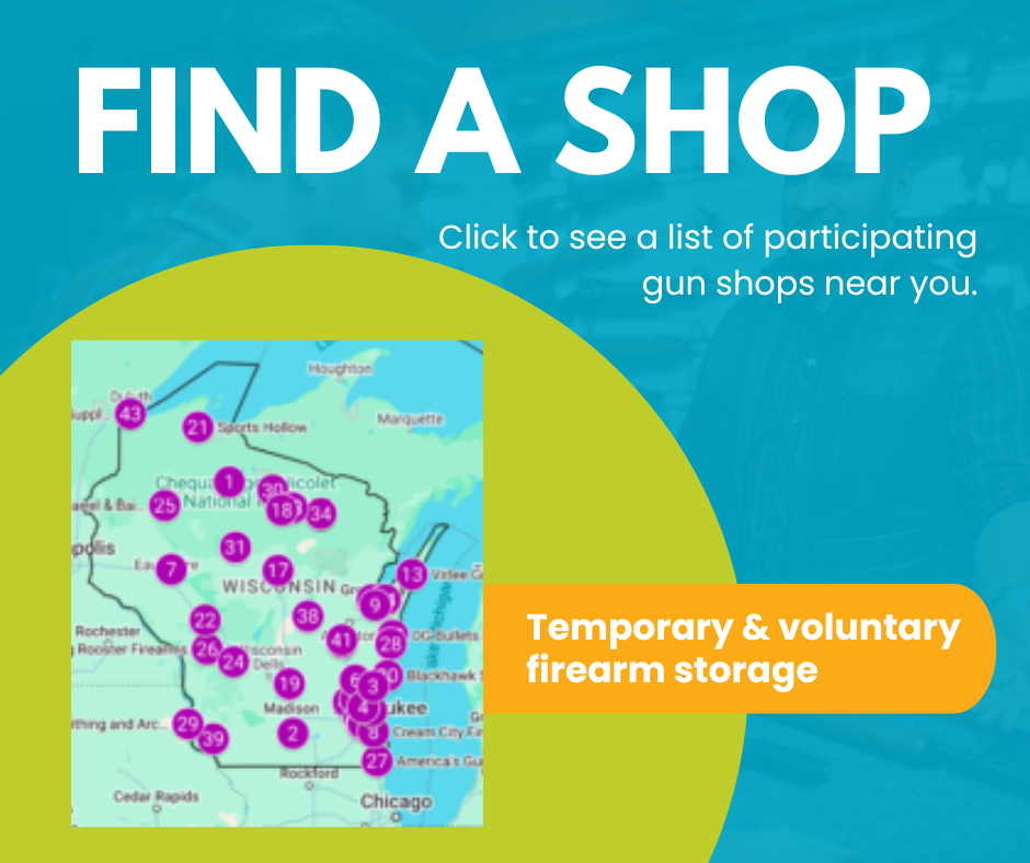 Image with map and text that says, "Find a Shop that offers temporary and voluntary firearm storage"